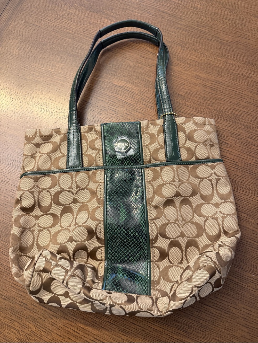 Coach Beige Signature Canvas Tote with Green Trim